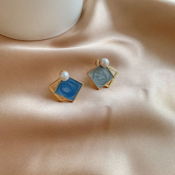 Pendientes de clip geométricos azules coreanos para mujer