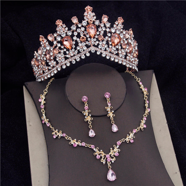 Conjunto de collar y pendientes de novia con corona verde barroca para graduación y boda
