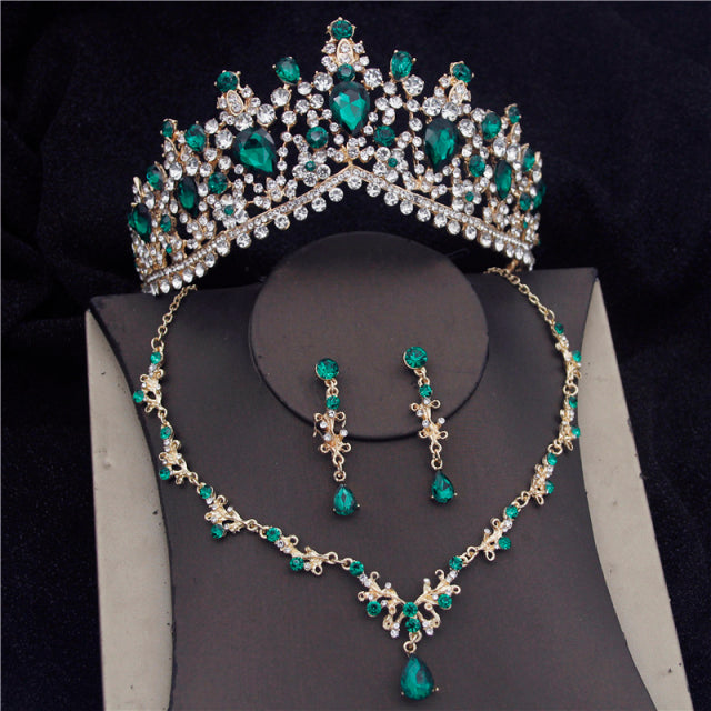 Baroque Green Crown   Bride Necklace Earring Prom Wedding Sets