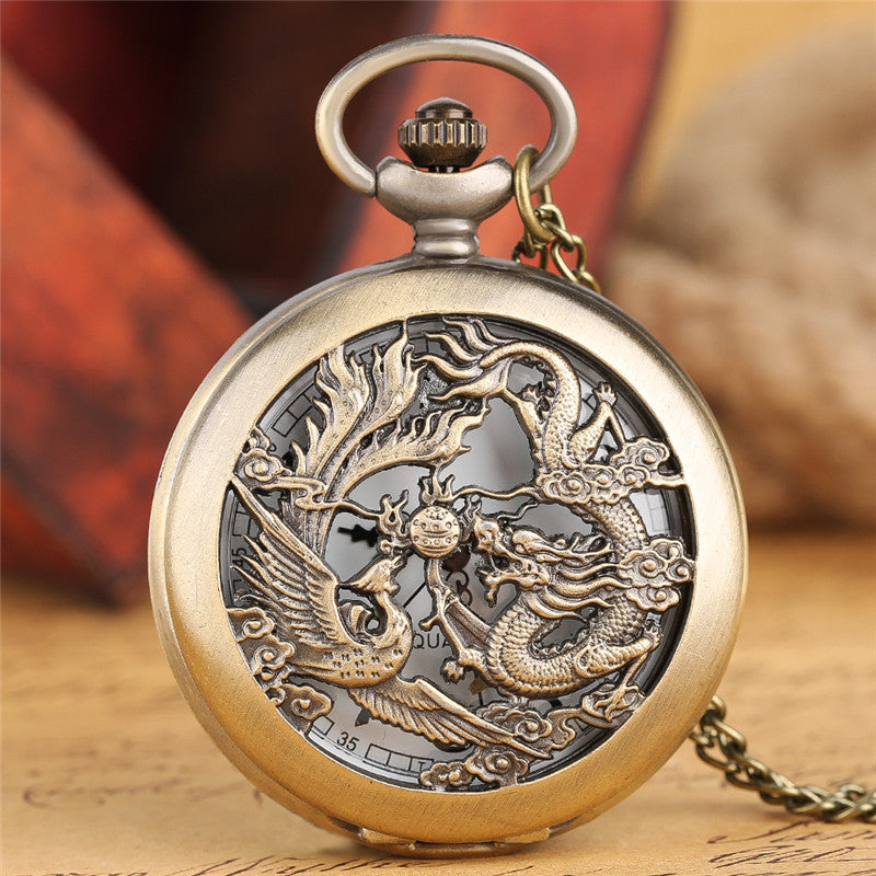 Retro Half Hunter Hollow Dragon & Phoenix Design Pendant Men Women Pocket Watch