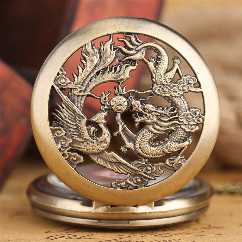 Retro Half Hunter Hollow Dragon & Phoenix Design Pendant Men Women Pocket Watch