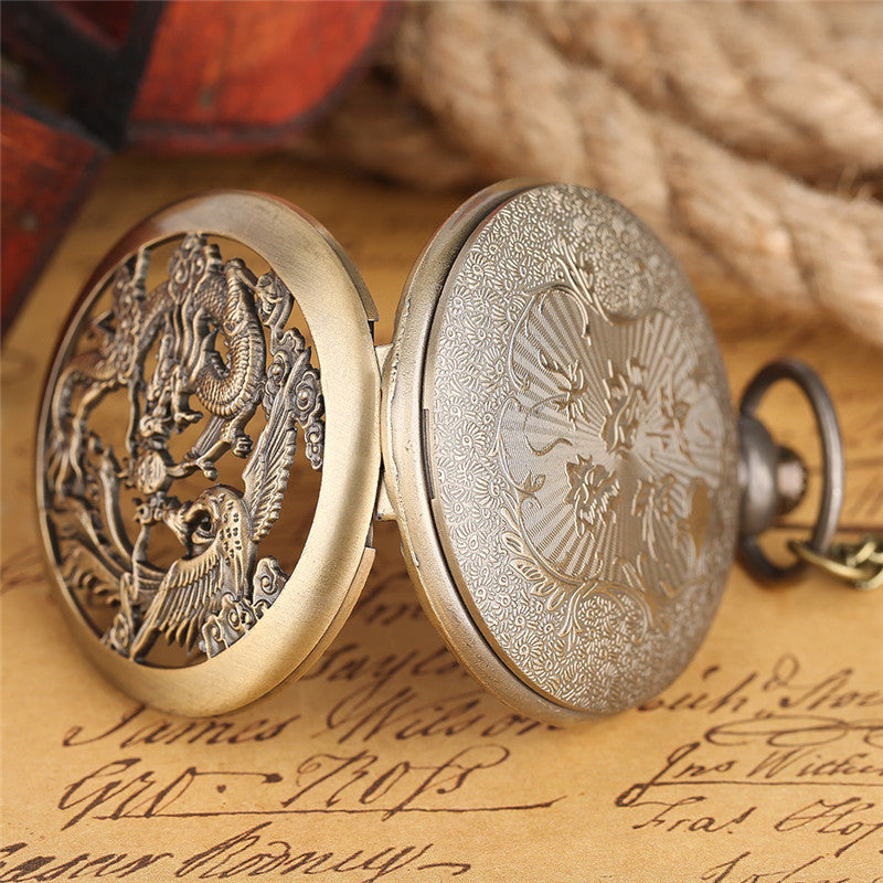 Retro Half Hunter Hollow Dragon & Phoenix Design Pendant Men Women Pocket Watch