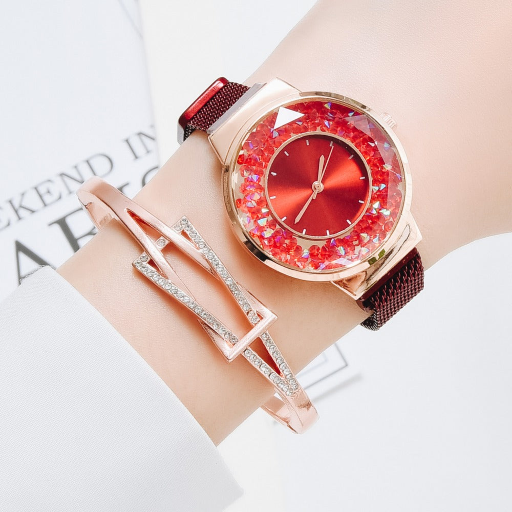 Luxury Ladies Quartz Magnet Buckle Movable Rhinestones Ladies Wristwatches