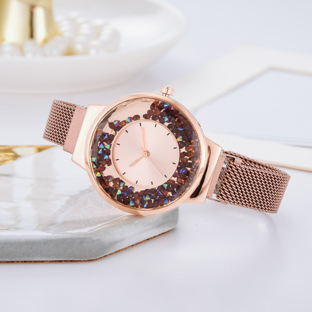 Luxury Ladies Quartz Magnet Buckle Movable Rhinestones Ladies Wristwatches