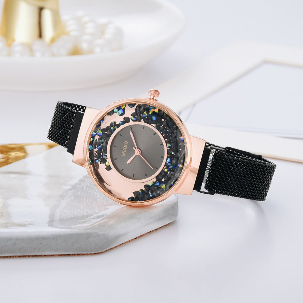 Luxury Ladies Quartz Magnet Buckle Movable Rhinestones Ladies Wristwatches