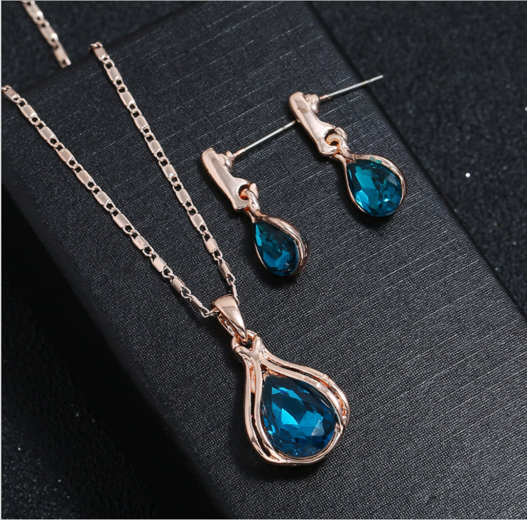 Women Elegant Waterdrop Rhinestone  Hook Earrings Jewelry Set