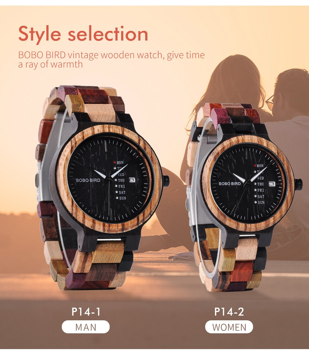 Quartz Week Date Display Wood Watch