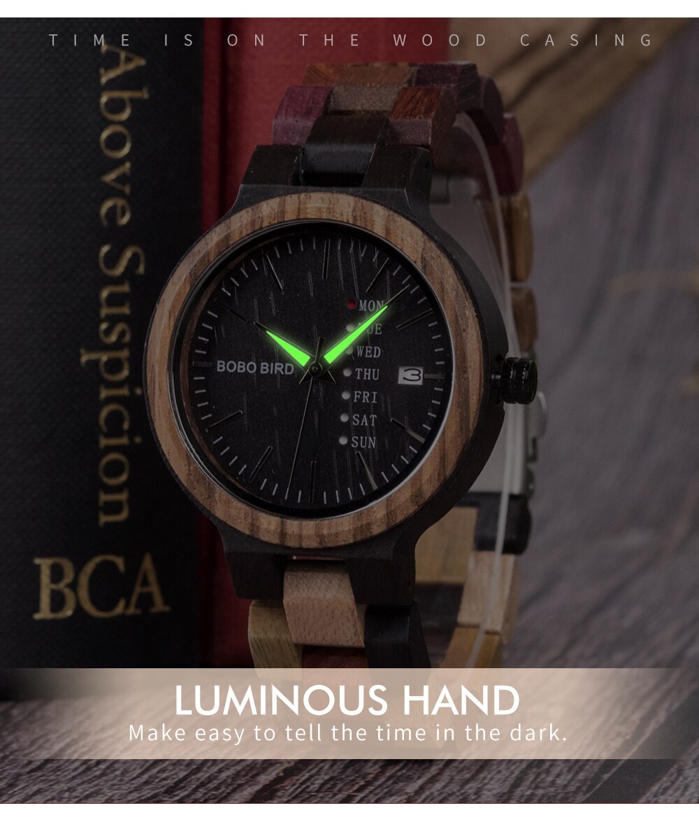 Quartz Week Date Display Wood Watch