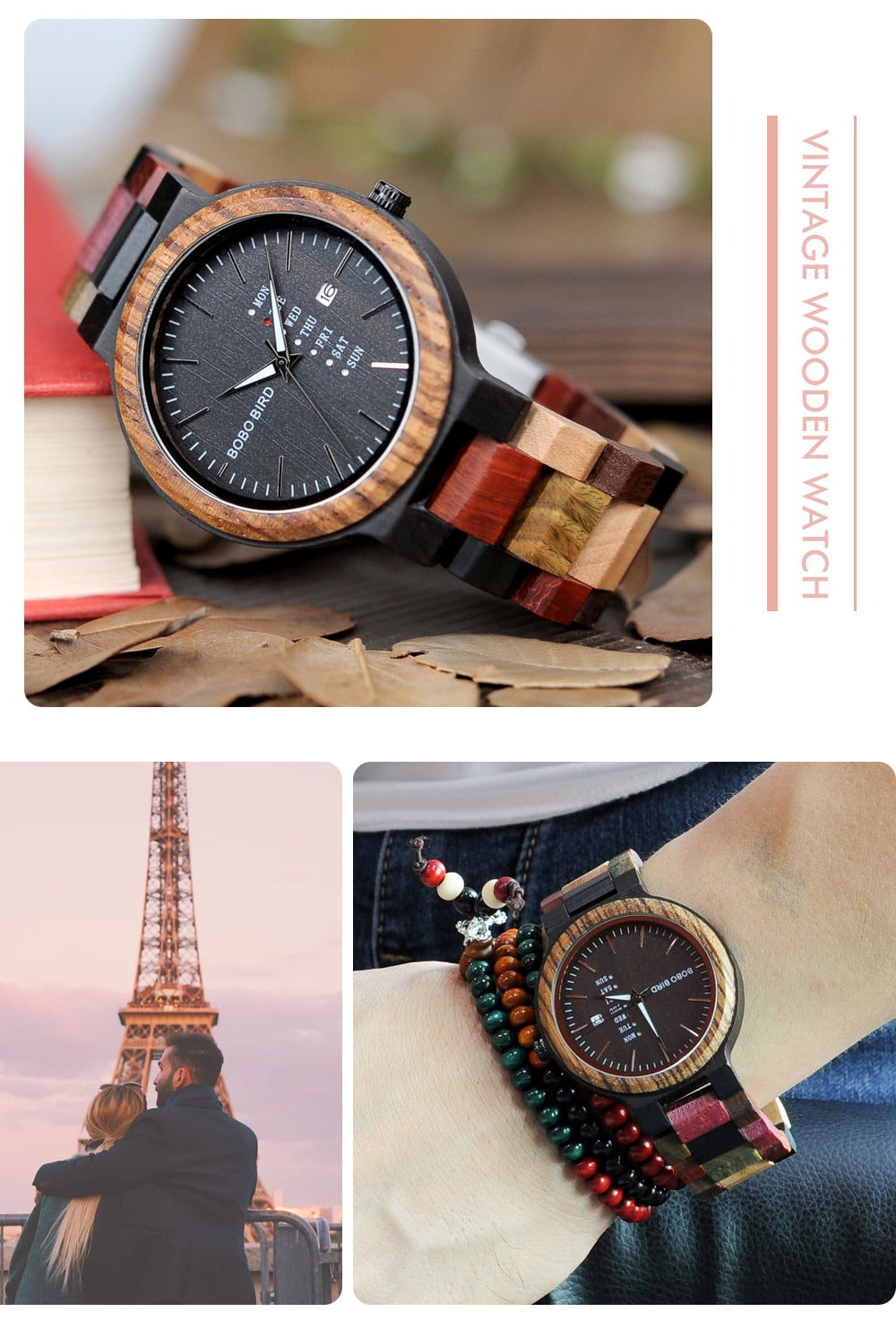 Quartz Week Date Display Wood Watch