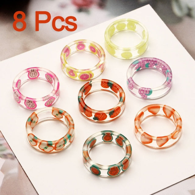 Fashion Colorful Acrylic Resin Geometric Round Transparent Rings Set