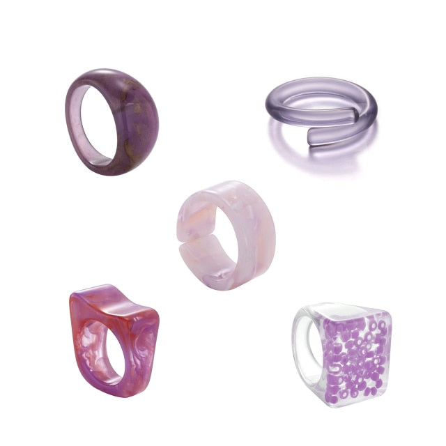 Fashion Colorful Acrylic Resin Geometric Round Transparent Rings Set