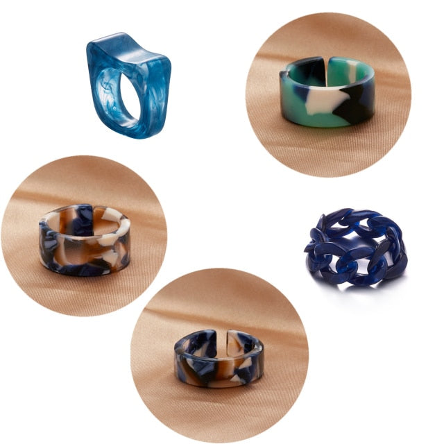 Fashion Colorful Acrylic Resin Geometric Round Transparent Rings Set