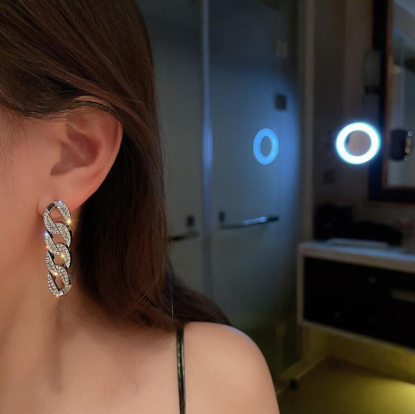 Pendientes largos de clip con cadena de eslabones cubanos de metal brillante y lujoso con diamantes de imitación