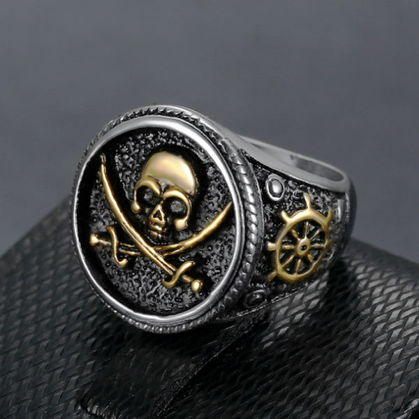 Anillo vintage de calavera con doble cuchillo y sello pirata para hombre