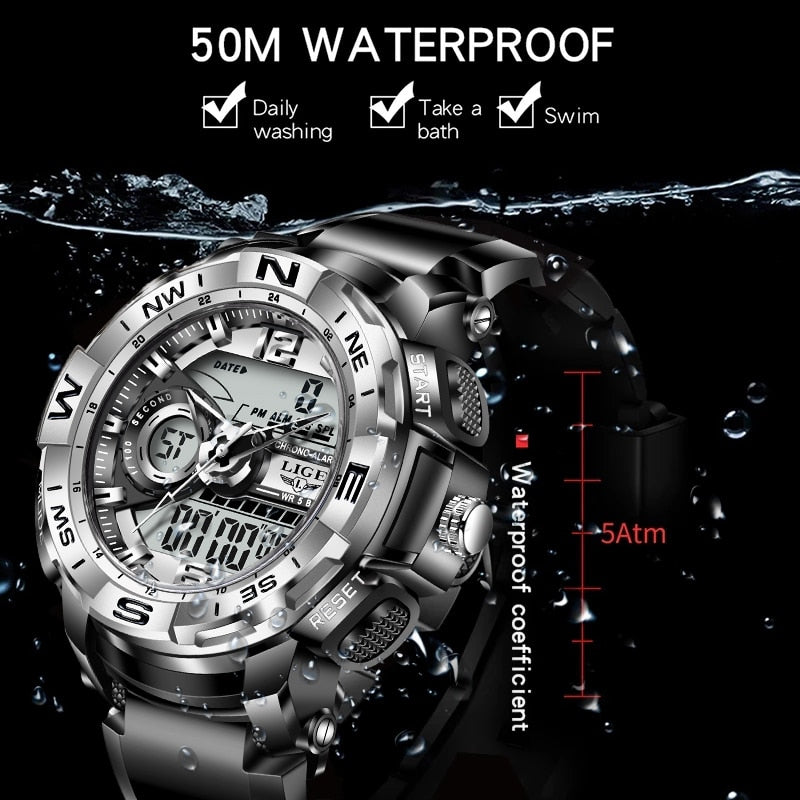 Mens LED Dual Display Watch Fashion Army Outdoor Waterproof Watch