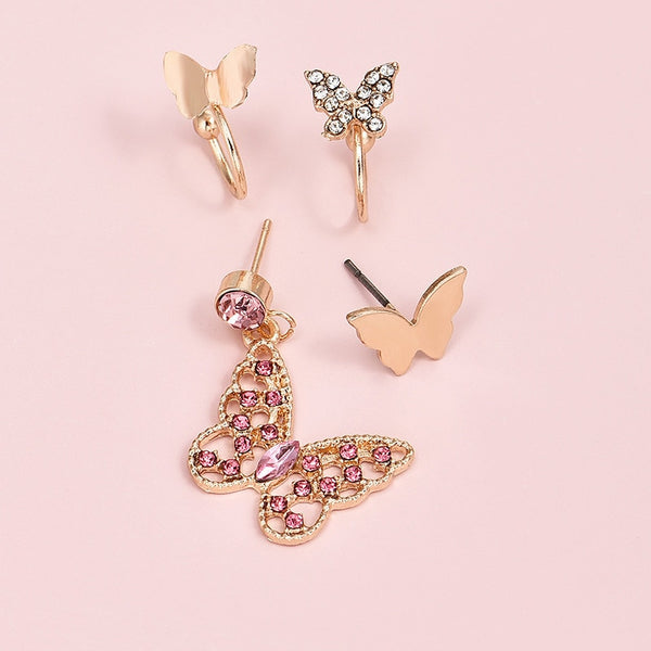 Juego de 4 pendientes con clip de mariposa de cristal con personalidad estilo punk.