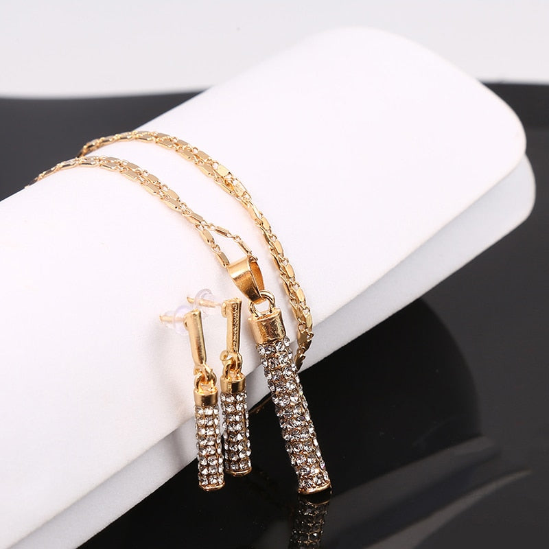 Gold Necklace Pandent Pendant Cylindrical Rod Ladies Earrings  Necklace Jewelry Set