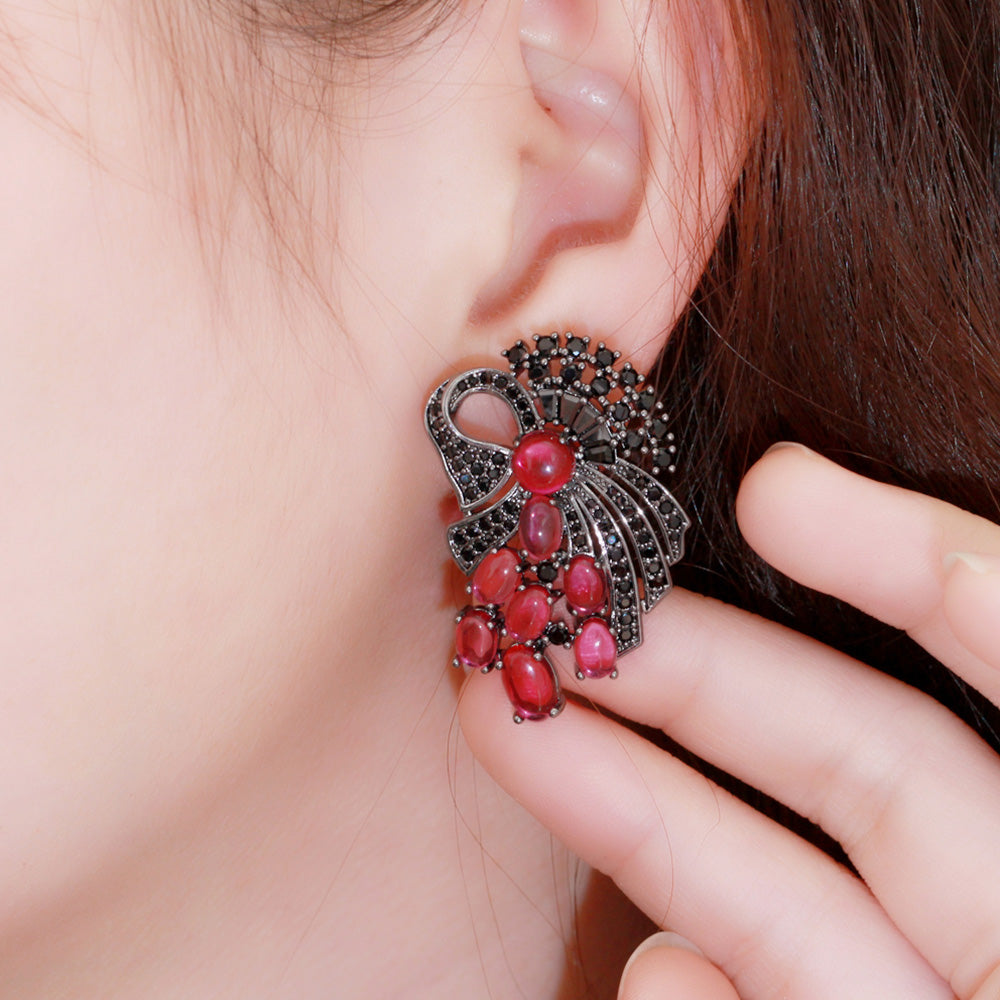 Red Cubic Zirconia Silver 925 Pin Jewelry Black Gold Dangle Oval CZ Drop Earrings