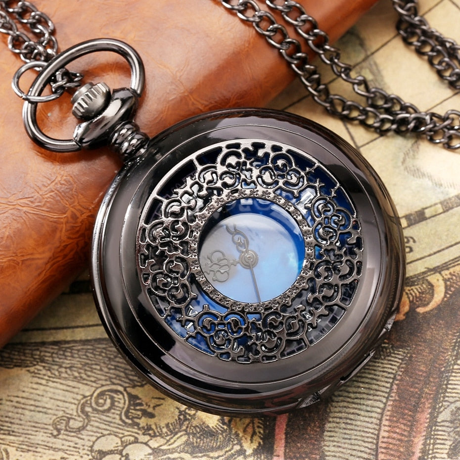 Exquise Starry Blue Dial Pendant Bronze Hollow Case Quartz Pocket Watch