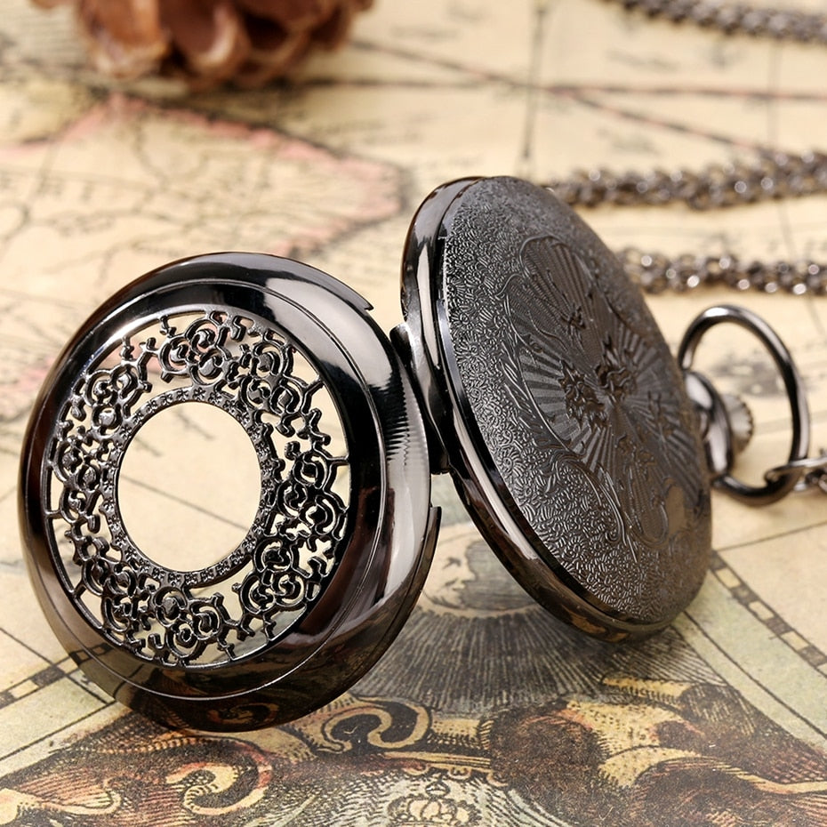 Exquise Starry Blue Dial Pendant Bronze Hollow Case Quartz Pocket Watch