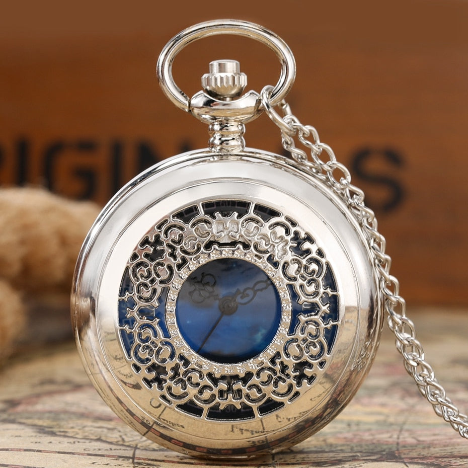 Exquise Starry Blue Dial Pendant Bronze Hollow Case Quartz Pocket Watch