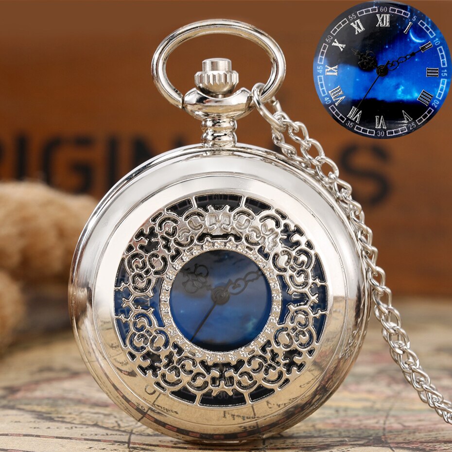Exquise Starry Blue Dial Pendant Bronze Hollow Case Quartz Pocket Watch