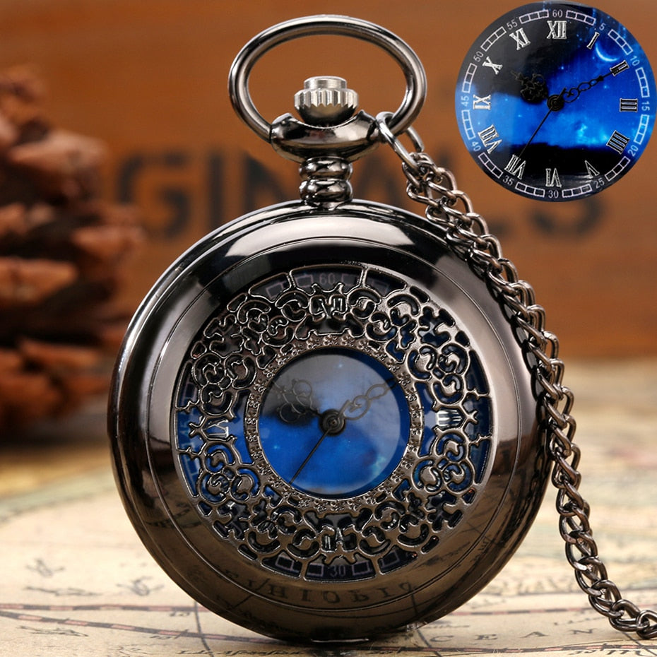Exquise Starry Blue Dial Pendant Bronze Hollow Case Quartz Pocket Watch