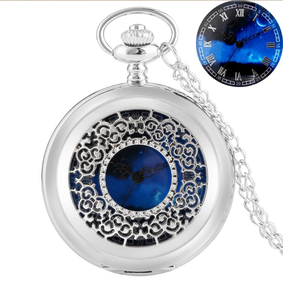 Exquise Starry Blue Dial Pendant Bronze Hollow Case Quartz Pocket Watch