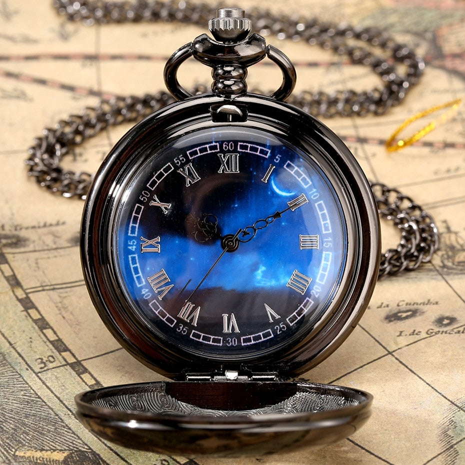 Exquise Starry Blue Dial Pendant Bronze Hollow Case Quartz Pocket Watch