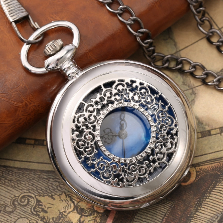 Exquise Starry Blue Dial Pendant Bronze Hollow Case Quartz Pocket Watch
