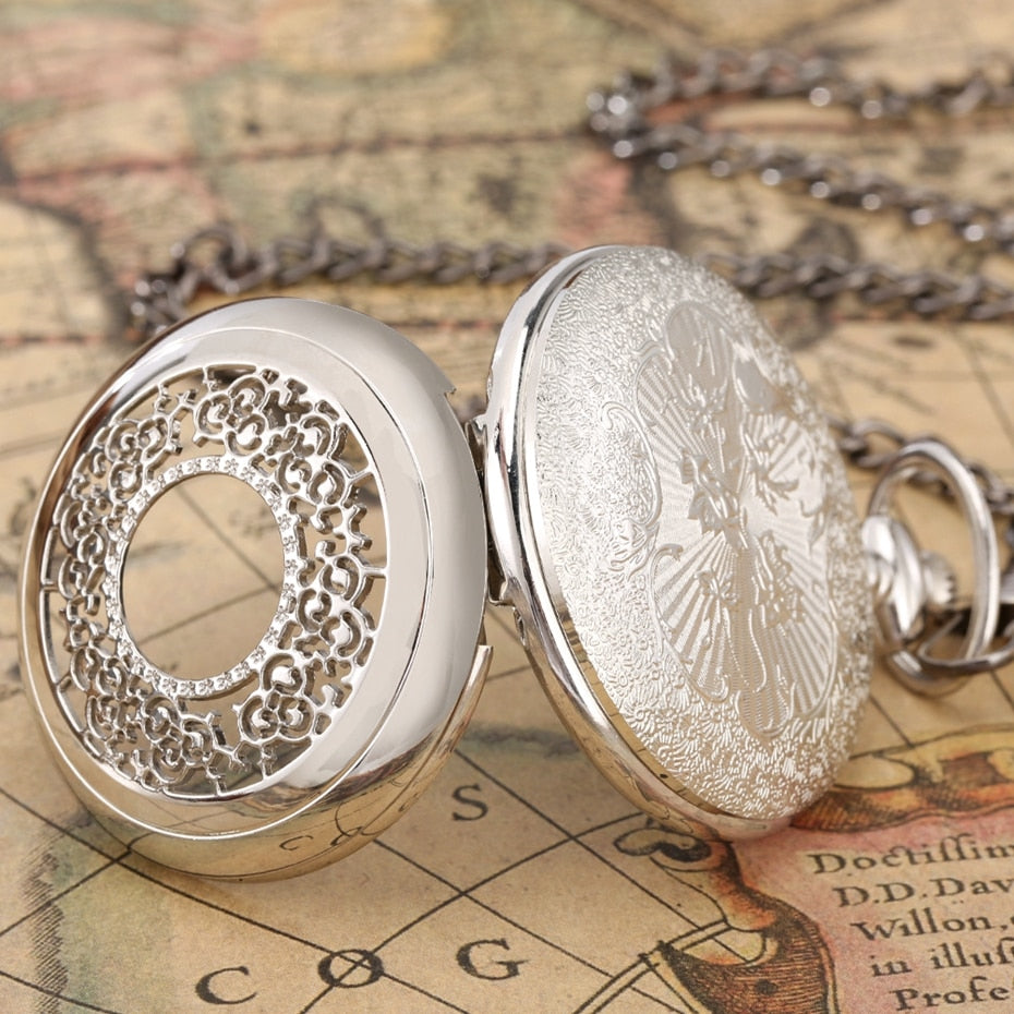 Exquise Starry Blue Dial Pendant Bronze Hollow Case Quartz Pocket Watch