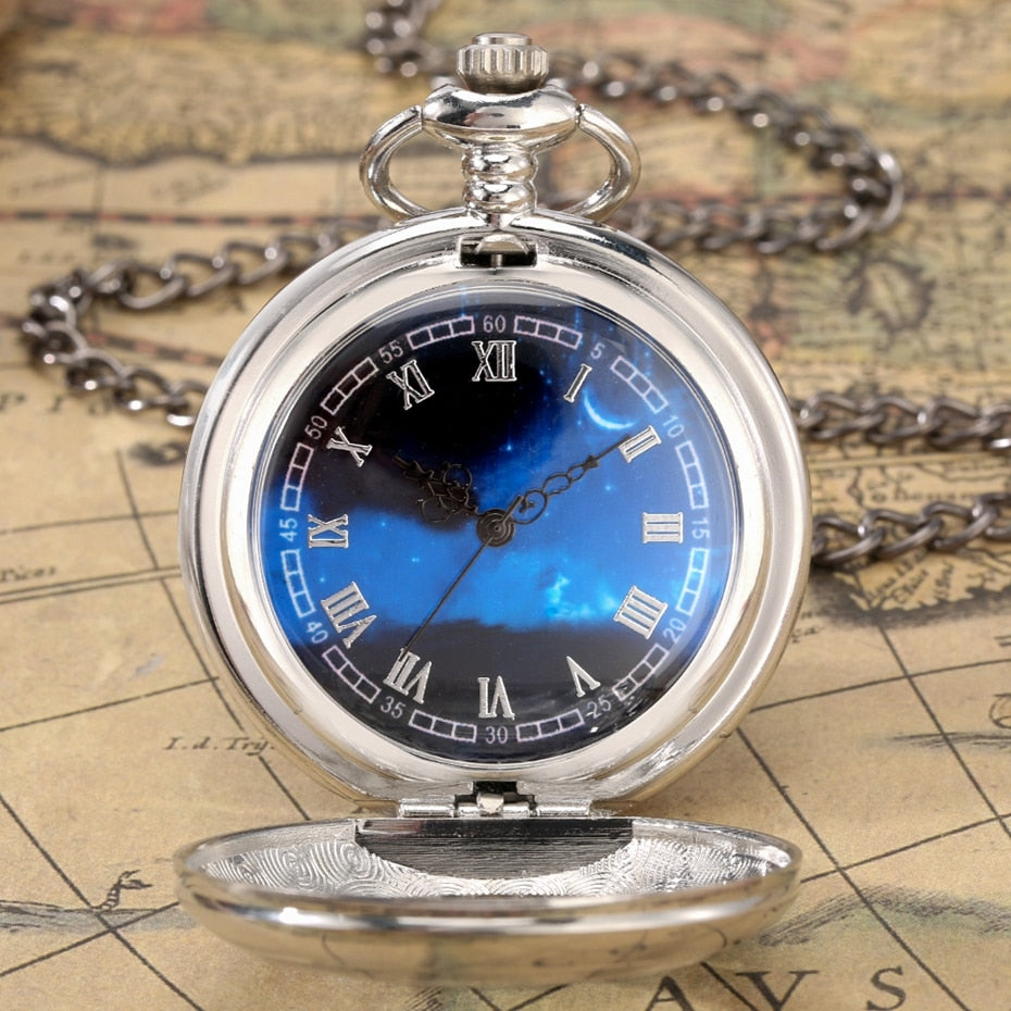 Exquise Starry Blue Dial Pendant Bronze Hollow Case Quartz Pocket Watch