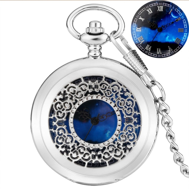 Exquise Starry Blue Dial Pendant Bronze Hollow Case Quartz Pocket Watch