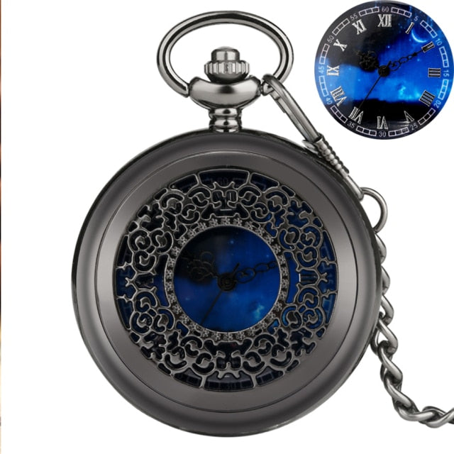 Exquise Starry Blue Dial Pendant Bronze Hollow Case Quartz Pocket Watch