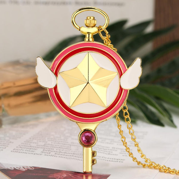 Pequeño reloj de bolsillo de cuarzo con forma de llave de ala estelar de Sakura Cardcaptor, anime japonés