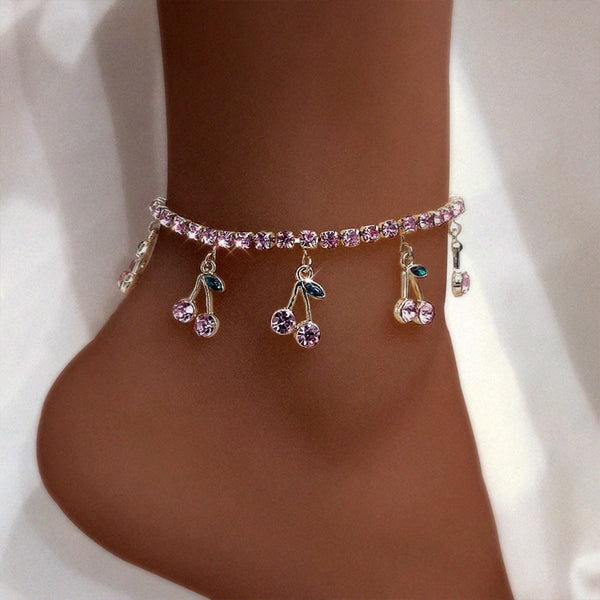 Pulsera tobillera con cerezas y diamantes de imitación rojos de moda para mujer