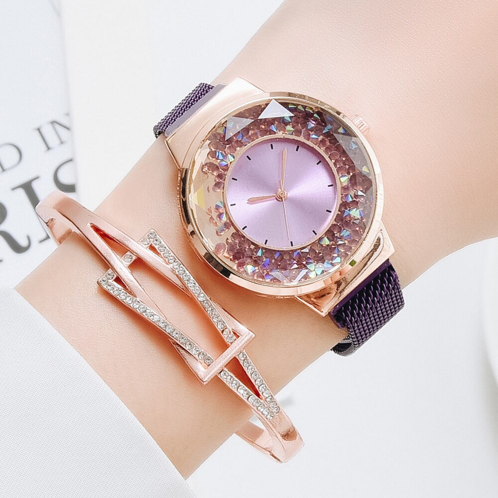 Luxury Ladies Quartz Magnet Buckle Movable Rhinestones Ladies Wristwatches