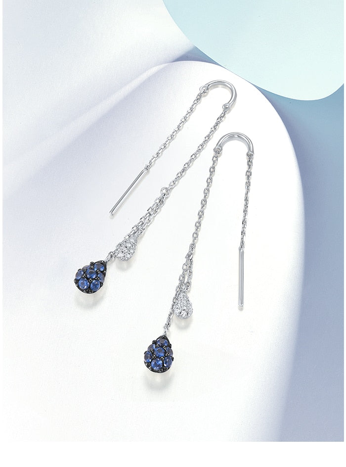 925 Sterling Silver Blue White Cubic Zirconia Long Thread Earrings