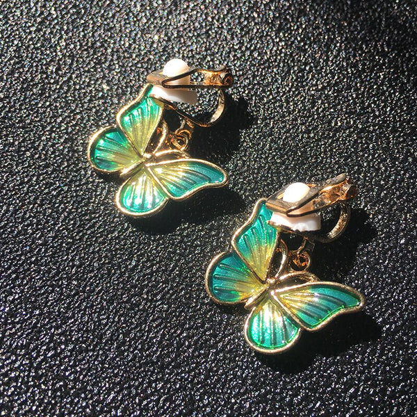 Pendientes de mariposa sin agujero con clip para la oreja, pendientes de mariposa verde con clip