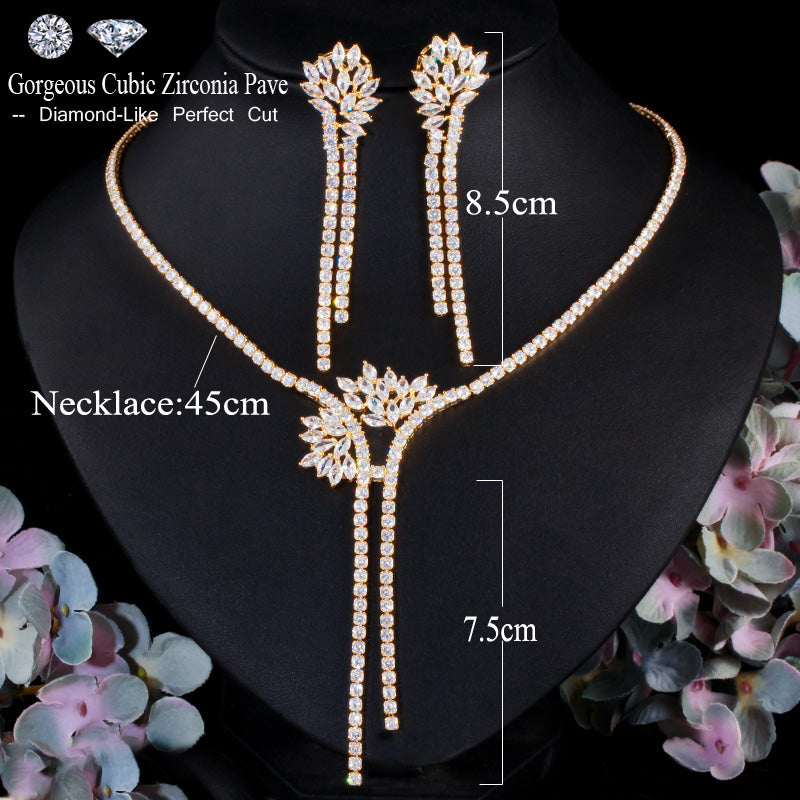Zircons Dubai CZ Stone Long Dangle Drop Bridal Tassel Earring Necklace Set