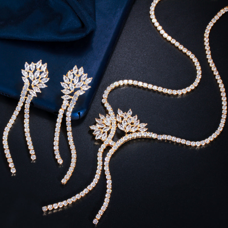 Zircons Dubai CZ Stone Long Dangle Drop Bridal Tassel Earring Necklace Set