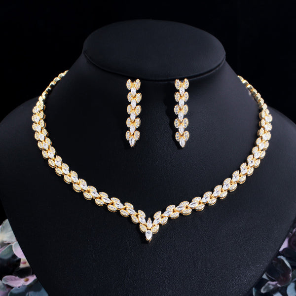 Elegante conjunto de joyas de boda para mujer con circonita cúbica y hoja de marquesa