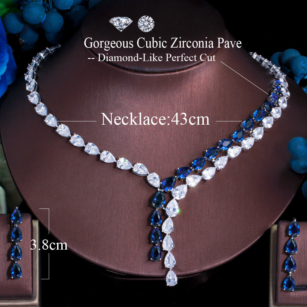 Luxury Green Cubic Zirconia Water Drop Necklace Earrings Jewelry Sets