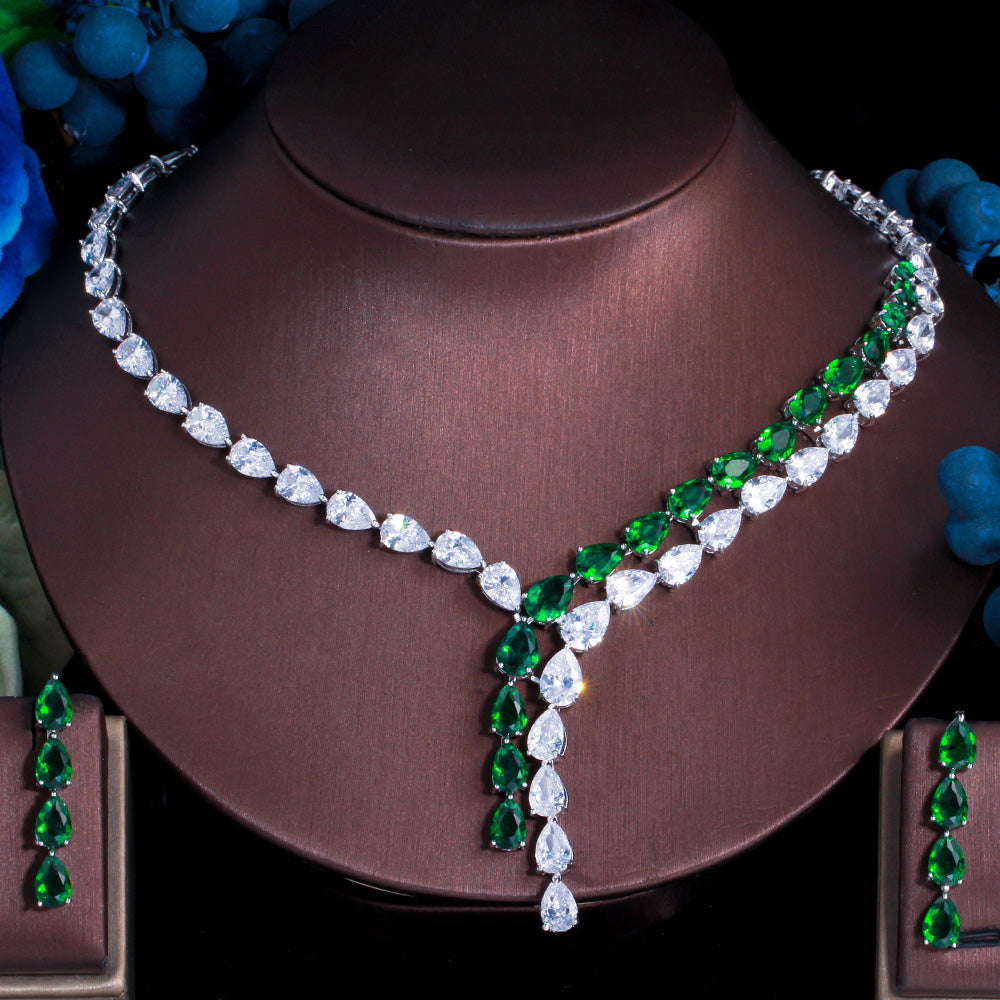 Luxury Green Cubic Zirconia Water Drop Necklace Earrings Jewelry Sets
