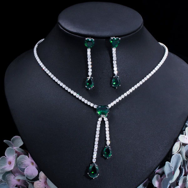 Water Drop Green Cubic Zirconia Necklace Earrings Jewelry Set