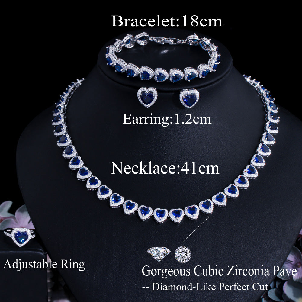 Cubic Zirconia Royal Blue Heart Shape Bridal Wedding Jewelry Sets