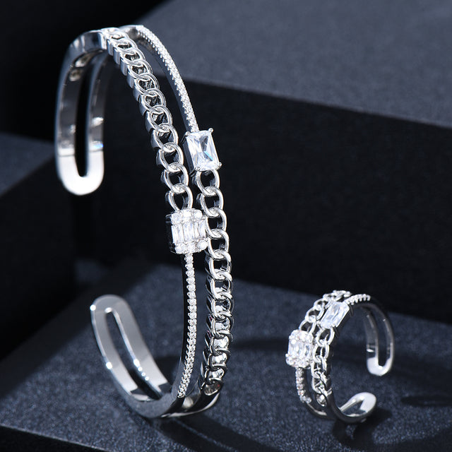 Trendy Punk Hiphop miami link Bangle Cuff Ring Sets For Women