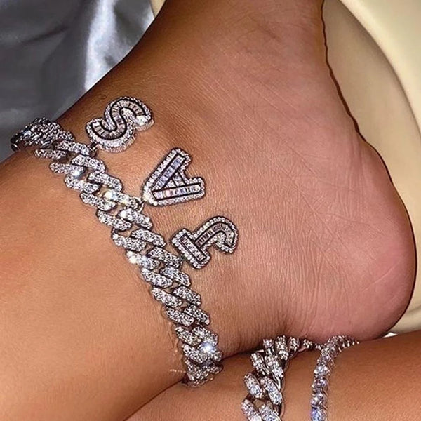 Pulseras de tobillo de eslabones cubanos con nombre DIY de hip hop para mujer