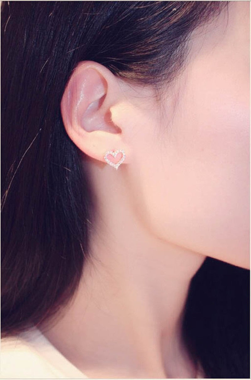S925 Silver Color Heart Bling Zircon Stone Stud Earrings