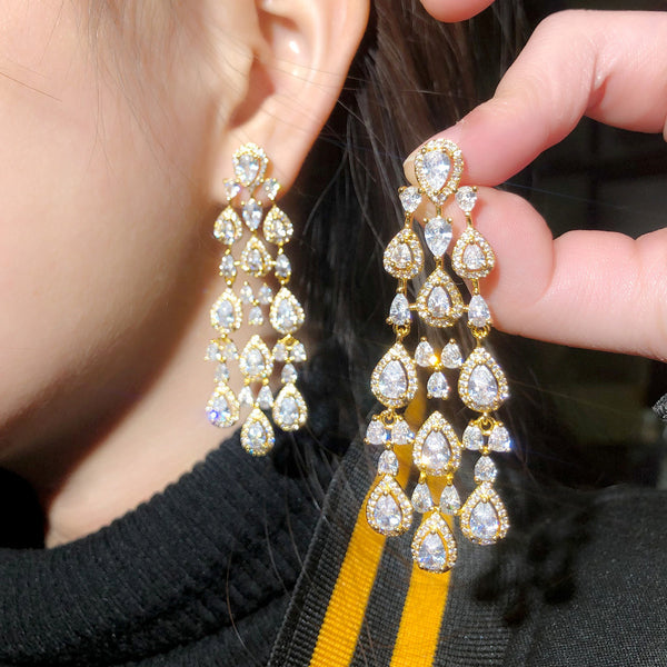 925 Silver Pin Long Bridal Wedding Hanging Water Drop Dangle Earrings